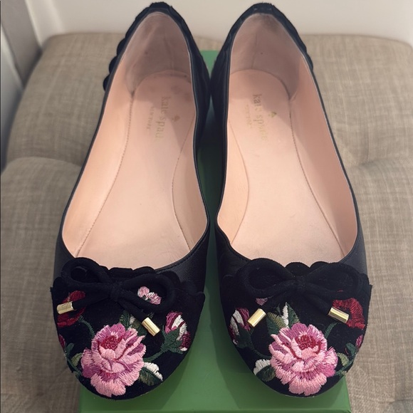 kate spade Shoes - Kate Spade Black and Pink Floral Embroidered Flats